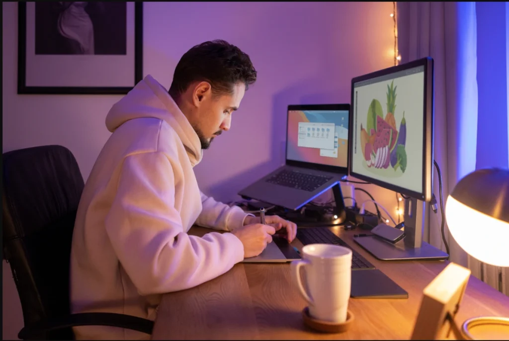 Designer using a tablet for AI-based animation video editing in a cozy home office setup.