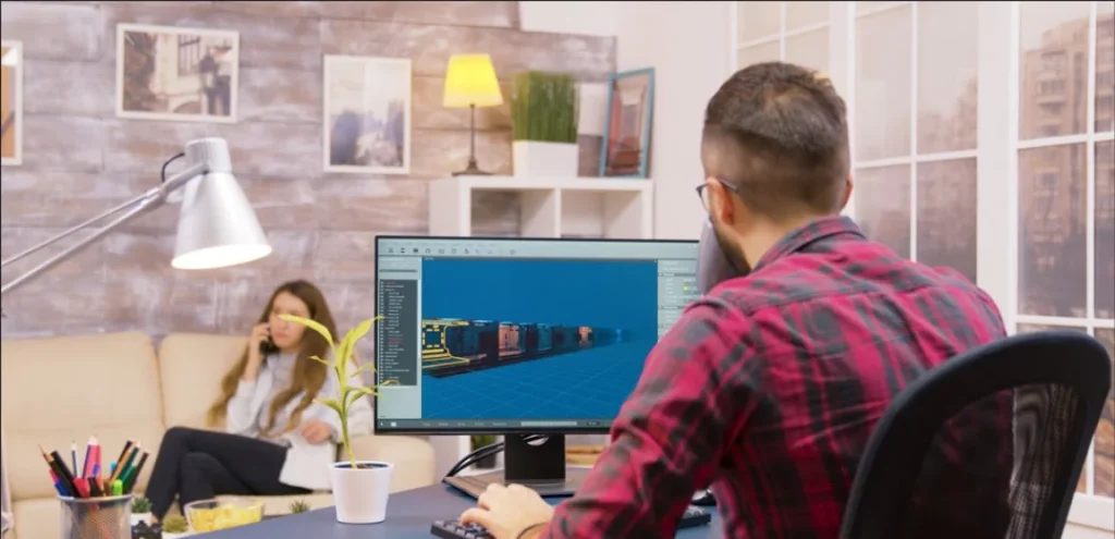 Creative artist working on a 3D project using AI-based animation video editing software.