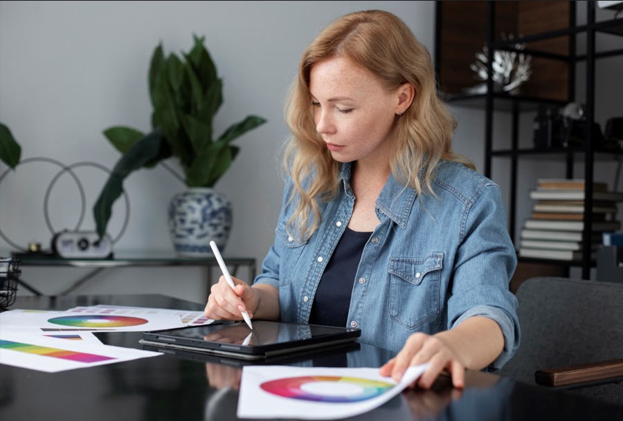 Graphic designer sketching a monogram logo design on a digital tablet.