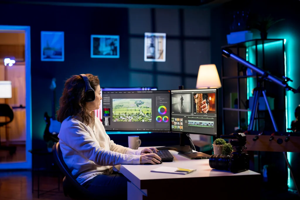 A professional female editor working on a dual-monitor setup to turn video into animation. The screen shows the editing interface as part of "The Magic of Motion" workflow in a dimly lit, creative studio environment.