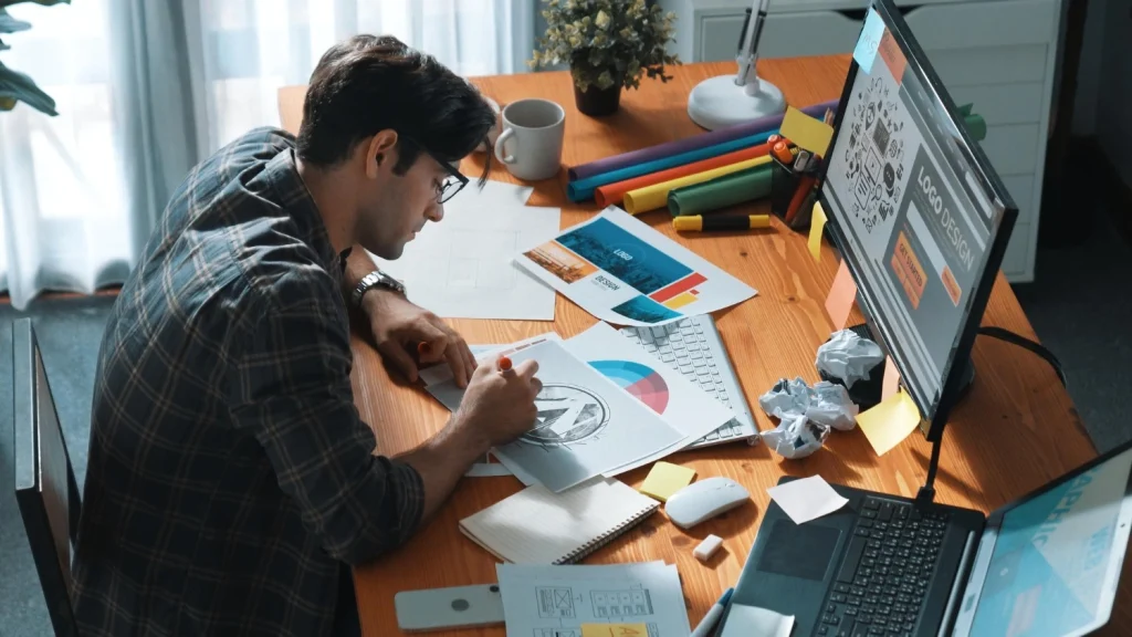 A professional graphic designer using a pen to sketch creative branding ideas on paper, exploring the best ai logo generators 2025 for inspiration.