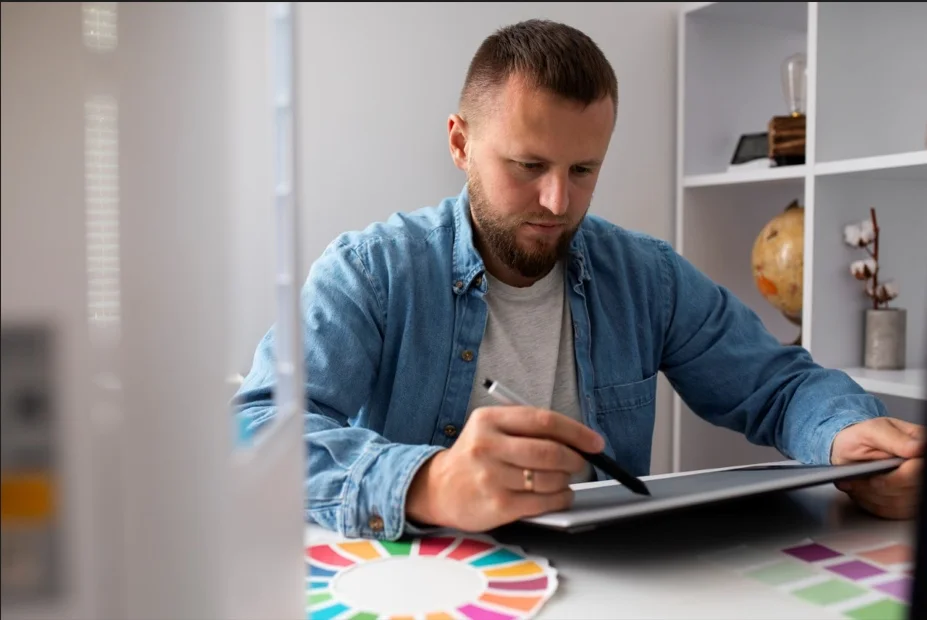 Professional designer analyzing color palette for best logo design trend in 2026