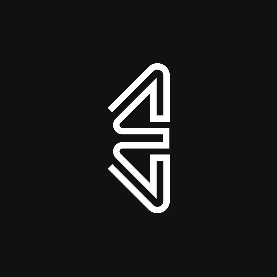 Minimalist geometric lettermark logo with abstract monogram design in white on a black background.