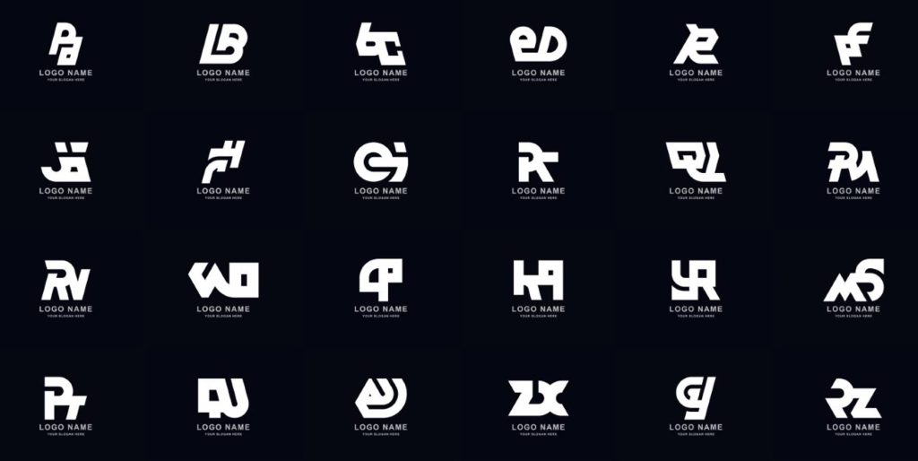 Modern lettermark logo designs featuring creative geometric initials on a dark background.